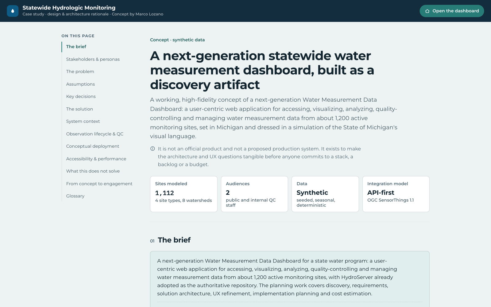 The case study page: a table of contents down the left, the brief, and four fact cards for sites modeled, audiences, data and integration model.